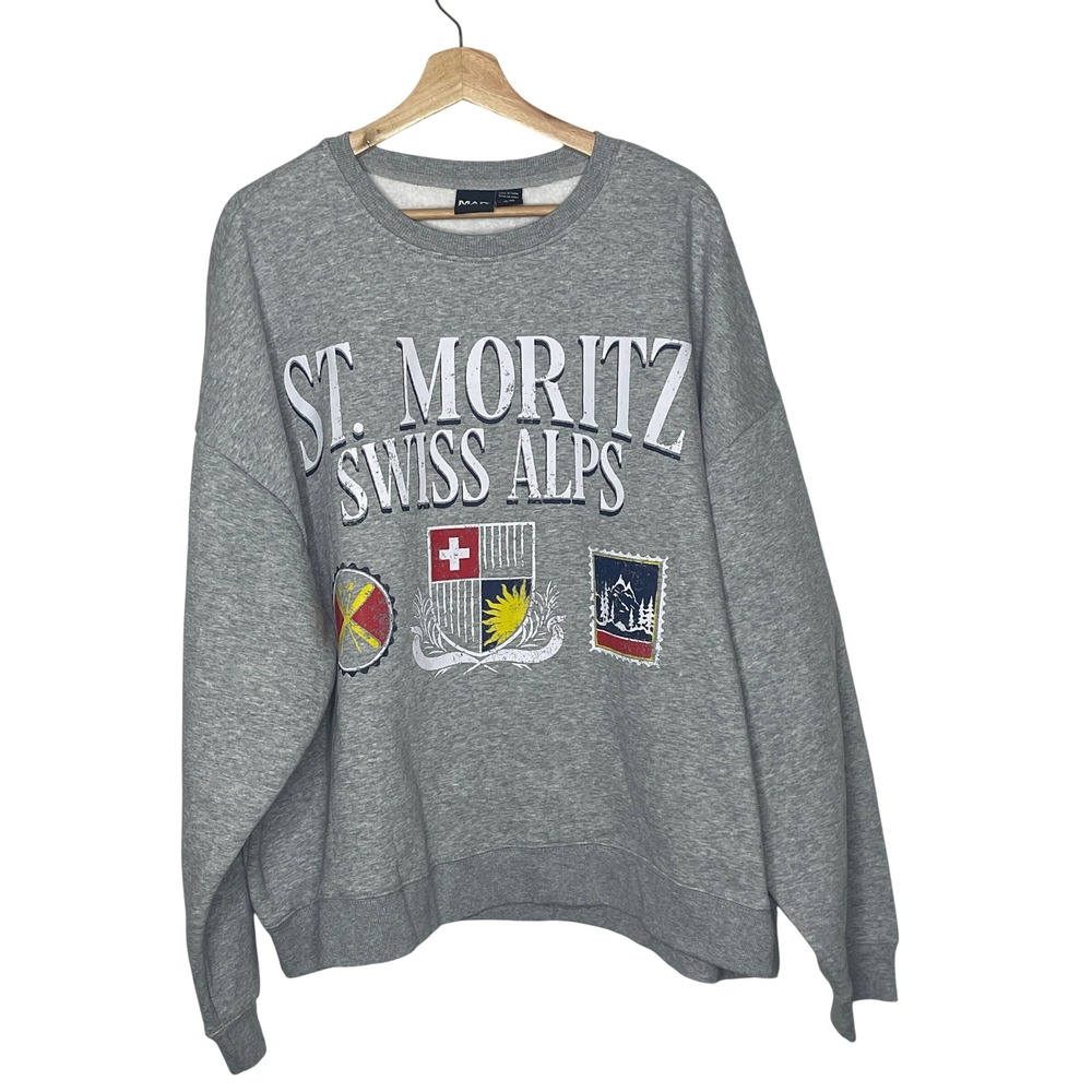 Mad Engine St Moritz Swiss Alps Graphic Sweatshirt Heather Grey XL Oversized